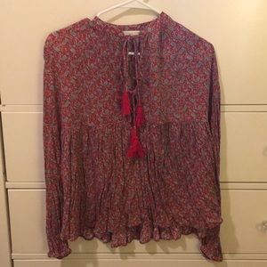 COPY - Zara flowy red print top with tassel ties